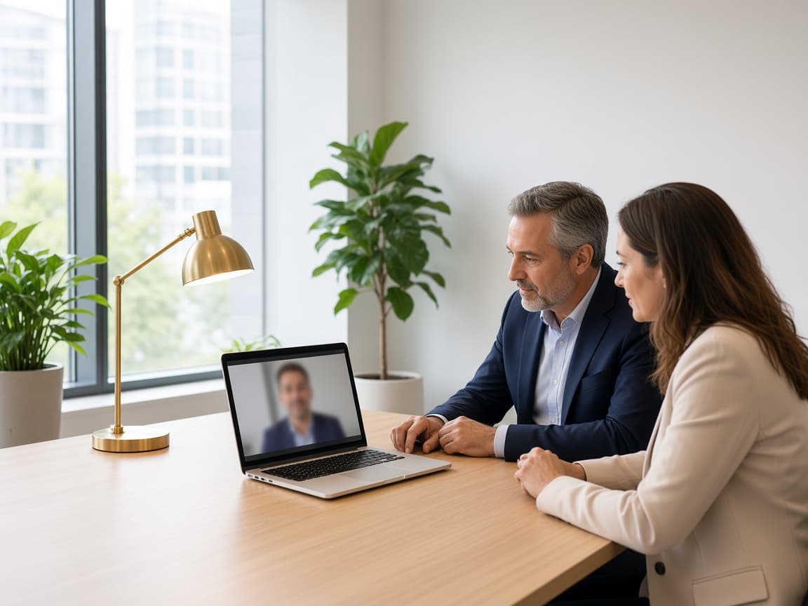 Two colleagues joining a video call from a sunlit desk